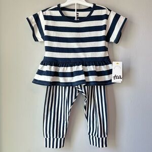Tea Toddler Girl’s Navy Blue + White Striped Ruffle Set Size 3T New With Tags